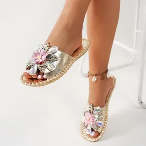 Claquettes à Fleurs en Strass pour Femmes Sandales d'Été à Bout Ouvert Mode Décontractée Pantoufles d'Extérieur Métalliques Or Argent Noir Magenta