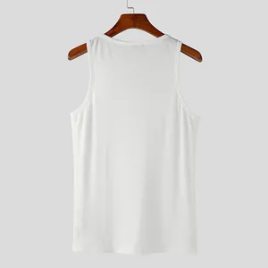 Detailed back view of a white ribbed men's breathable slim fit tank top on a hanger