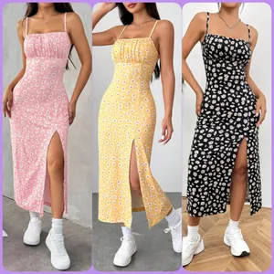 Summer daisy print spaghetti strap midi dresses in three colors with side slit detail