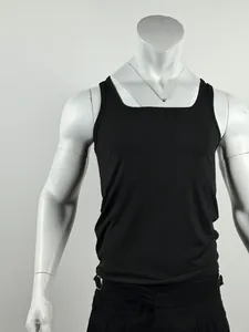Detailed view of the black ribbed men's tight fitness tank top showing fine textures