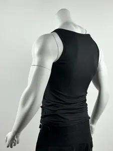 Back view of a black ribbed slim fit compression tank top for men's fitness