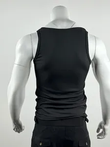 Detailed back view of a black ribbed slim-fit men's quick-dry athletic tank top.