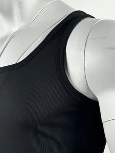 Detail shot showing the high-quality black ribbed neckline of a men's gym tank top