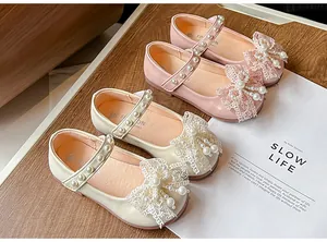 Elegant girls princess shoes with lace bows and pearl straps for sweet fashion styles