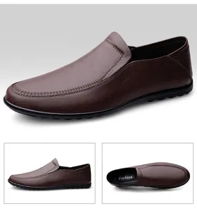Detailed multi-angle studio views of men's brown soft leather slip-on casual loafers.