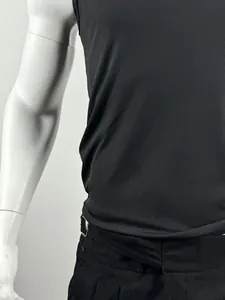 Detailed view of the black ribbed fabric texture on a men's slim fit fitness tank top