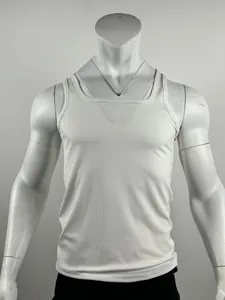 Detailed view of a white ribbed athletic tank top for men with moisture-wicking fabric.