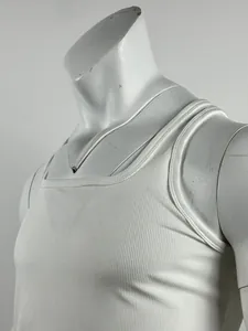 Close-up of white ribbed elastic quick-dry fitness tank top for men on mannequin