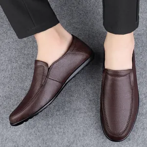 Stylish men's brown soft leather slip-on loafers with comfortable flexible rubber sole