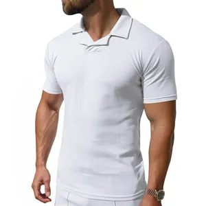 Close-up view of men's white short sleeve polo shirt with British lapel design