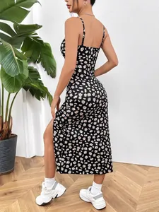 Sexy black midi camisole dress with small daisy print and high stylish side slit