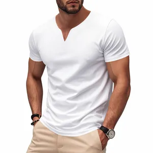 Detail of a white V-neck short-sleeved T-shirt for men showing the fit and neckline