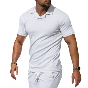Slim fit men's white short sleeve polo shirt featuring a unique Burke collar detail
