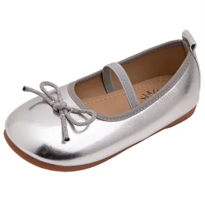 Elegantes zapatos de princesa Mary Jane plateados para niña con lazo y banda elástica