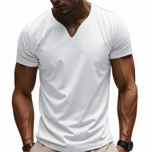 Detailed macro view of white men's quick-dry V-neck T-shirt featuring breathable fabric texture