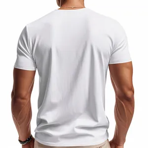 Back view of a premium men's white short sleeve jersey t-shirt on a muscular male model.