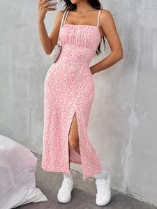 Pink floral cami midi dress featuring white daisy print and sexy high side slit for summer