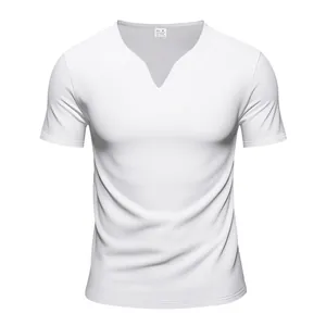 Detail view of a white men's quick-dry V-neck T-shirt with unique notched collar.