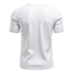 Detailed back view of a men's white quick-dry short-sleeved summer jersey T-shirt.
