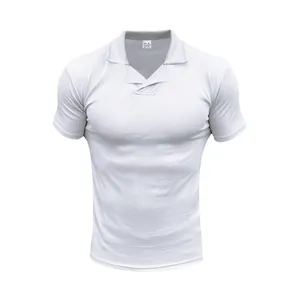 Close-up detail of white men's polo shirt featuring a unique Burke collar design
