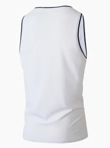 Rückansicht eines weißen schnelltrocknenden Fitness-Tanktops für Herren mit Streifen