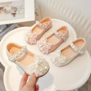 Girls Sweet Princess Dress Shoes Lace Bow Pearl Mary Janes Soft Sole Toddler Party Wedding Shoes For Kids Dress Shoes