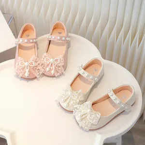 Sweet girls' princess shoes with elegant lace bows and pearls in pink and beige