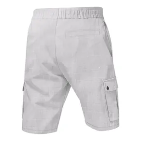 Back view of men's light grey slub linen cargo shorts with elastic waist and pockets