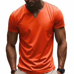 Front detail of orange men's V-neck athletic T-shirt with short sleeves