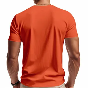 Rear view detail of a vibrant orange men's athletic quick-dry short-sleeved T-shirt