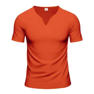 Detailed view of bright orange men's V-neck quick-dry short-sleeved T-shirt