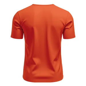 Professional back view of a plain orange quick-dry athletic short-sleeved T-shirt for men