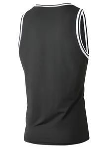 Rückansicht eines schwarzen schnelltrocknenden Sport-Tanktops mit gestreifter Borte