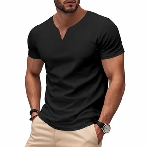 Detail of men's black V-neck short sleeve T-shirt with a stylish split neck design.
