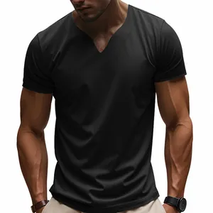Detail of slim fit black V-neck jersey T-shirt for men showing quick-dry fabric texture