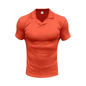 Detailed view of an orange short-sleeved men's polo shirt with a unique flap collar design