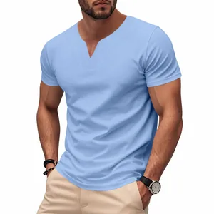 Detail view of light blue men's V-neck T-shirt with breathable jersey fabric