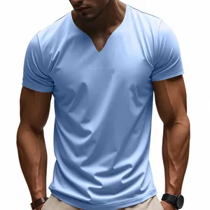 Summer men's light blue V-neck quick-dry short sleeve T-shirt slim fit athletic top.
