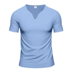 Front view of men's quick-dry T-shirt in light blue with unique V-neckline and short sleeves