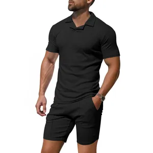 Nahaufnahme von schwarz Herren Slim Fit Quick-Dry Polohemd und passenden Shorts Set