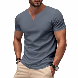 Men's casual loose fit blue-grey V-neck T-shirt with quick-dry fabric short sleeves