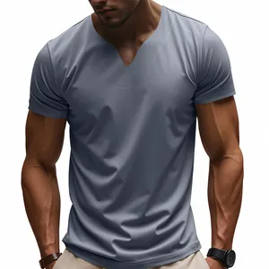 Detailed view of men's grey V-neck quick-dry short sleeve athletic t-shirt for summer