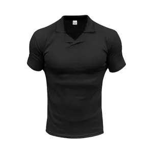 Close-up front view of black quick-dry athletic Polo shirt featuring a unique Burke collar