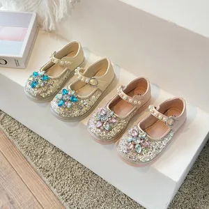 Chaussures Mary Jane Princesse pour Filles à Paillettes Fleur en Strass Perle Artificielle Sequins Chaussures de Fête pour Enfants