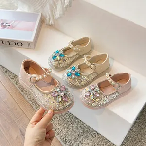 Chaussures de princesse Mary Jane scintillantes pour filles avec fleur en cristal