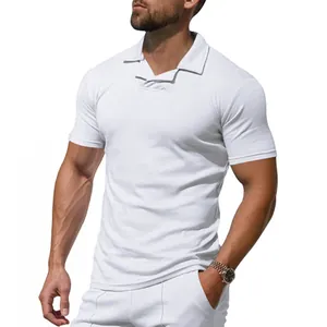 Detailed view of white men's short sleeve polo shirt featuring a classic collar design