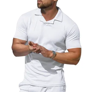 Close-up detail of a men's white quick-dry polo shirt with a unique Burke collar.