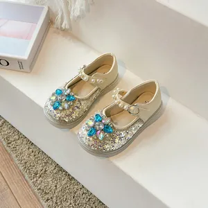 Chaussures Mary Jane scintillantes pour filles avec cœur en strass bleu et perles