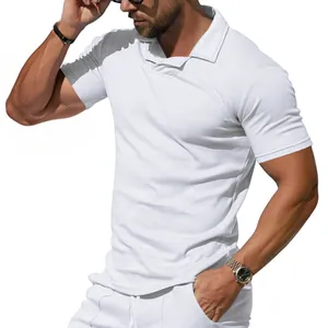 Close-up of men's white short sleeve Polo shirt with stylish Burke collar design.