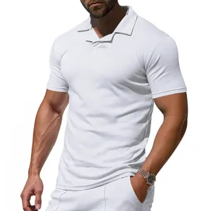 Close-up of white men's short sleeve polo shirt with unique V-neck collar design